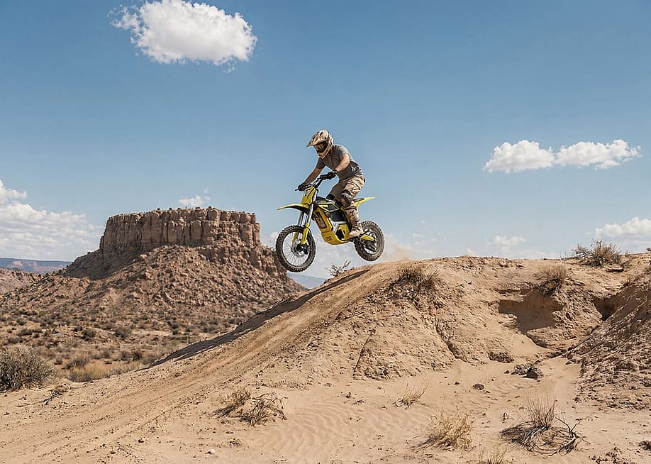 A professional rider jumping a bright yellow and black electric off-road dirt bike. — Tasaca