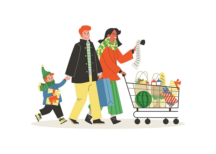 A vector illustration of a family going on a holiday shopping. — rumka vodki // Shutterstock