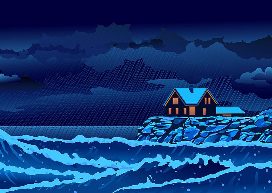 An illustration showing a coastal house above a rocky shoreline during a heavy rainy night with turbulent waves in the sea. — HomeServe