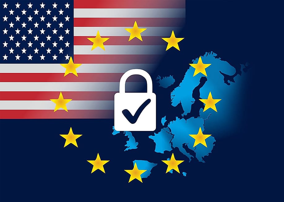 An illustration of the US flag and EU flag united for data protection. — davidhirjak // Shutterstock