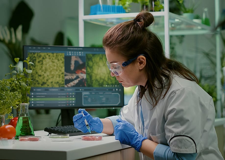 Chemist injecting vegan beef meat with protein using medical syringe for microbiology experiment. — DC Studio // Shutterstock