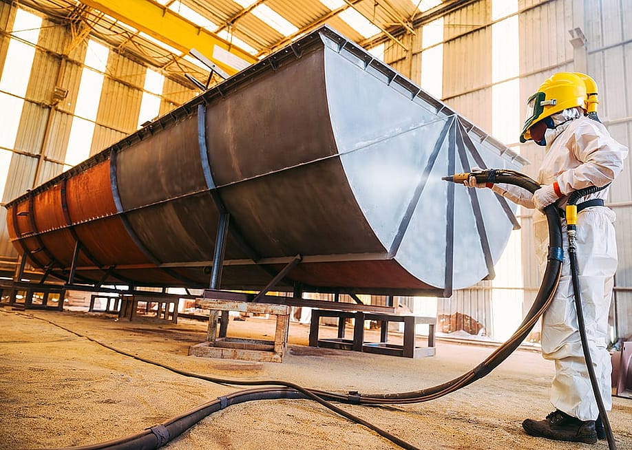 An industrial worker working on a steel grit blasting process on steel structure before painting it in a factory workshop. — N_Sakarin // Shutterstock