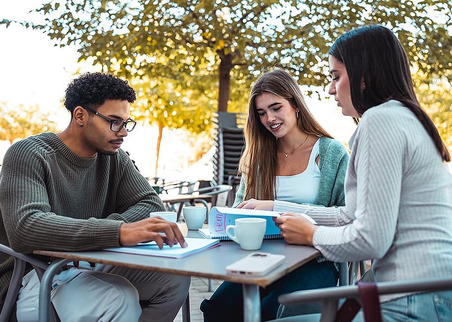 Students collaborating and studying together outside a university cafe. — Daniel Megias // Shutterstock