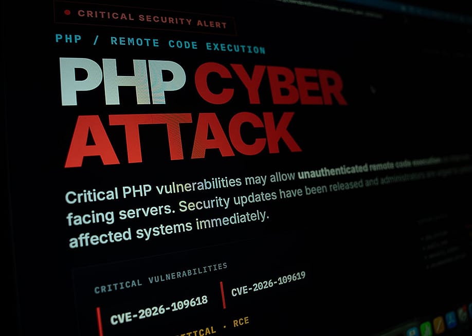 A PHP cyber attack security alert with critical vulnerabilities displayed on the screen. — Careto Photos // Shutterstock