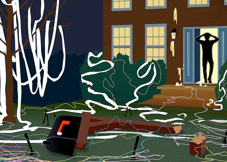 A custom illustration depicting a house that has been vandalized or pranked overnight. — Paul Dolan // HomeServe