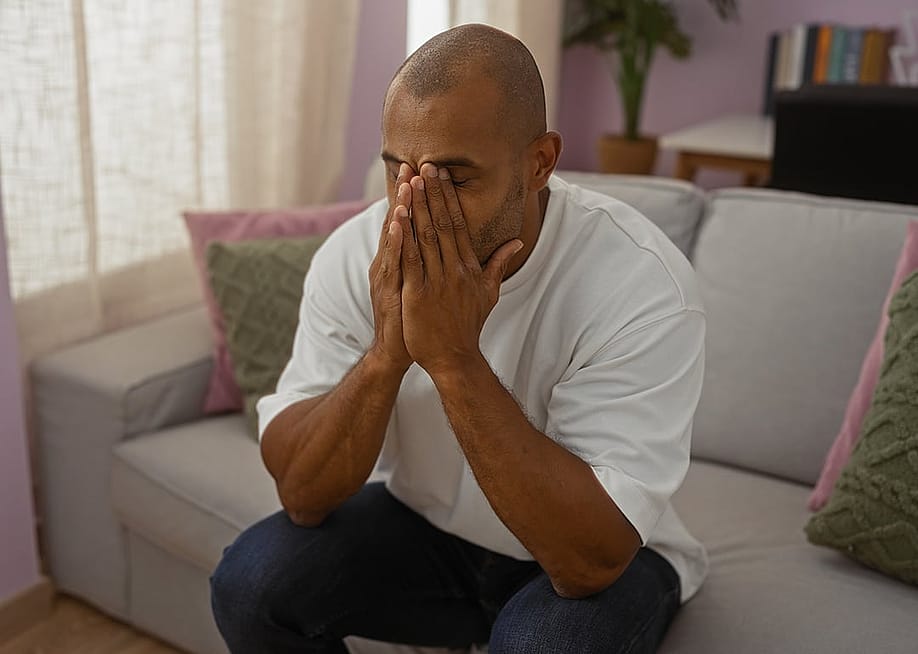 A stressed man sitting in a living room with his hands covering his face. — Krakenimages.com // Shutterstock