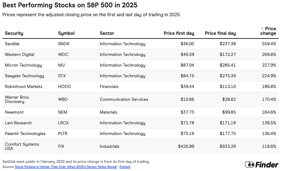 Table listing the best performing stocks on S&P 500 in 2025.