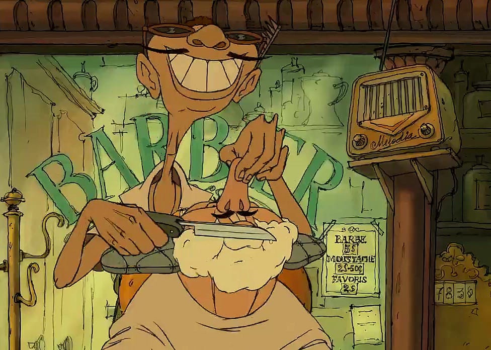 A cartoon of a man getting a shave at the barbershop.