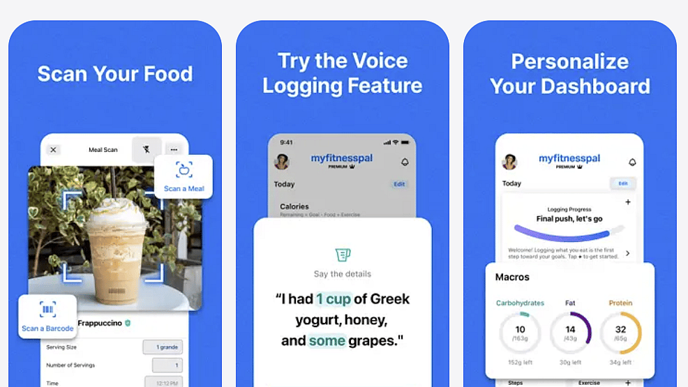 Three screenshots showing the interface of the MyFitnessPal app.