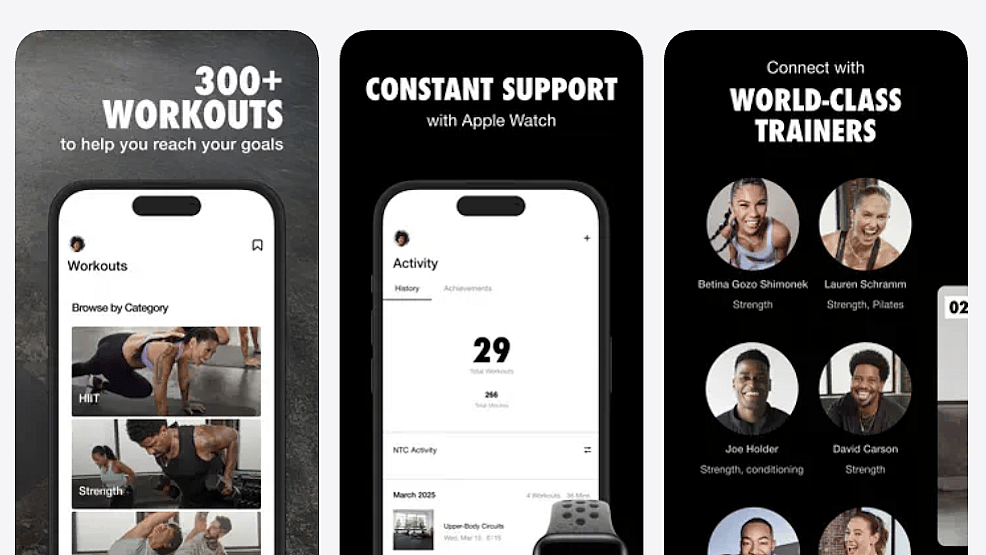 Three screenshots showing the interface of the NTC or Nike Training Club app.