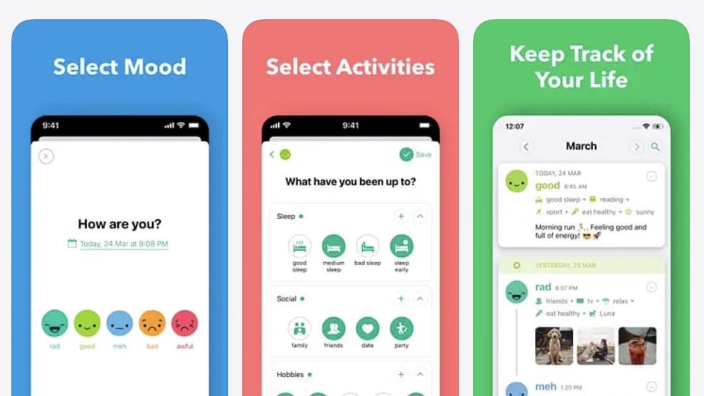 Three screenshots showing the interface of the Daylio app.