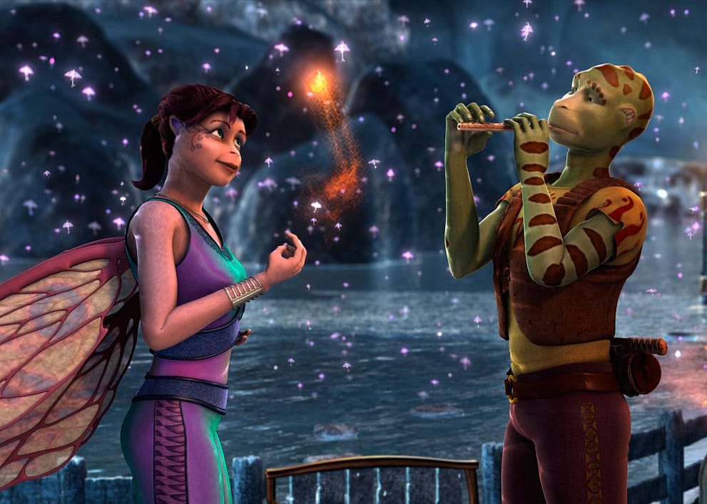 Two creatures, one with wings and the other a green man playing a flute, surrounded by tiny lights.