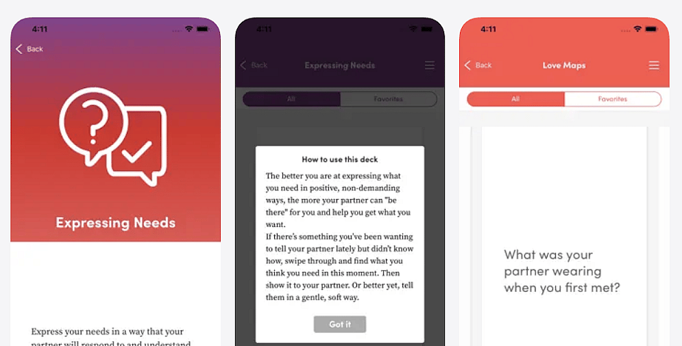 Three screenshots showing the interface of the Gottman Card Deck app.